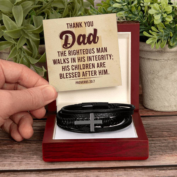 Thank you Dad | The righteous man walks in his integrity - Men's Cross Leather Bracelet