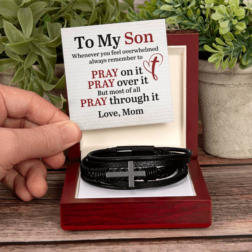 To My Son | Whenever you feel overwhelmed always to remember to Pray - Men's Cross Leather Bracelet