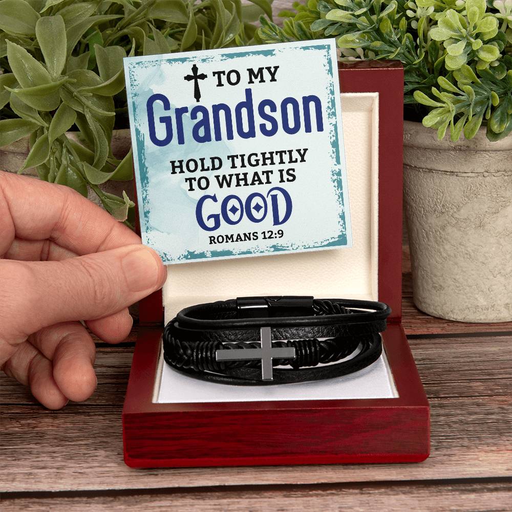 To My Grandson | Men's Cross Leather Bracelet