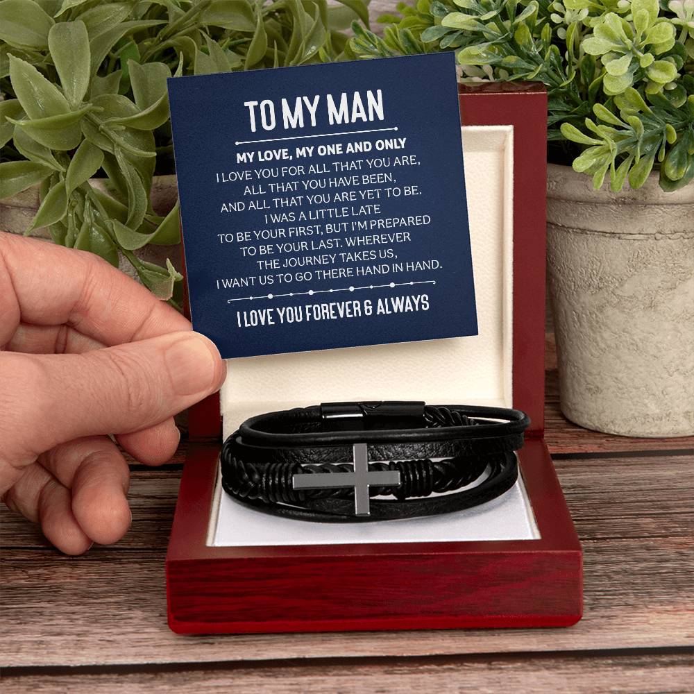 To My Man | My Love, My One and Only - Men's Cross Leather Bracelet