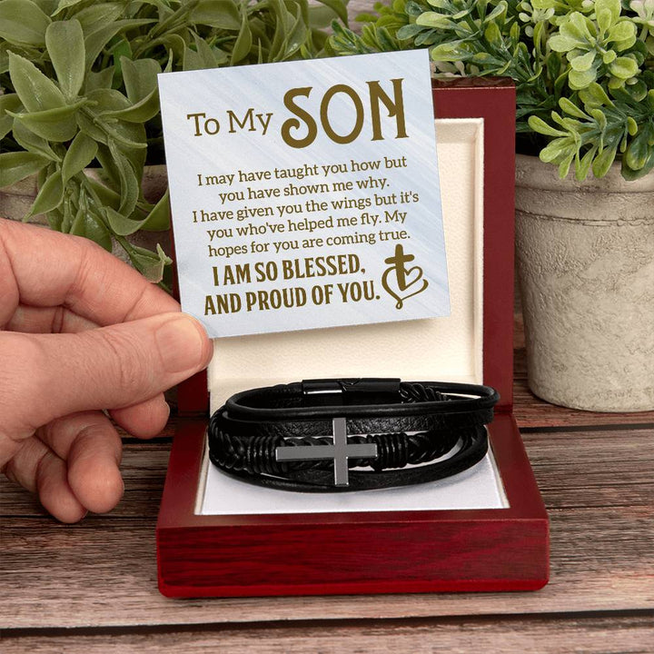 To My Son | I am so Blessed and Proud of You -  Men's Cross Leather Bracelet