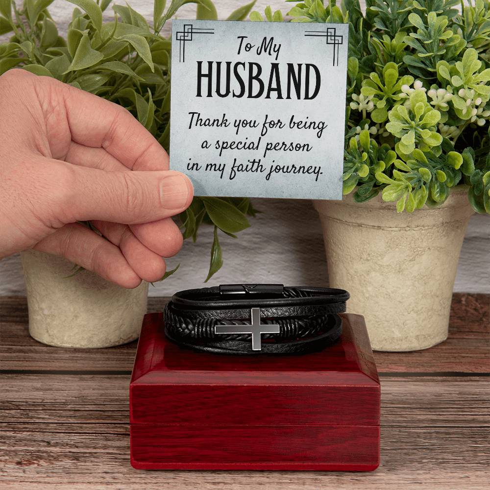 To My Husband | Thank you for being a special person in my Faith journey - Men's Cross Leather Bracelet