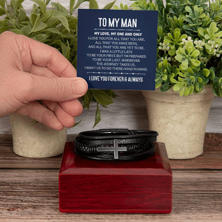 To My Man | My Love, My One and Only - Men's Cross Leather Bracelet