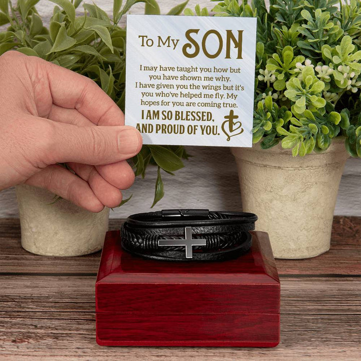 To My Son | I am so Blessed and Proud of You -  Men's Cross Leather Bracelet