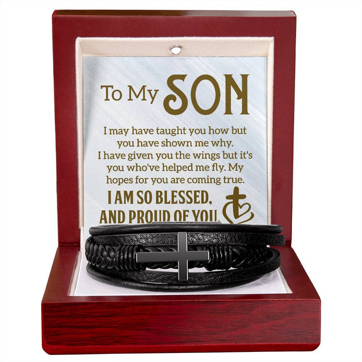 To My Son | I am so Blessed and Proud of You -  Men's Cross Leather Bracelet