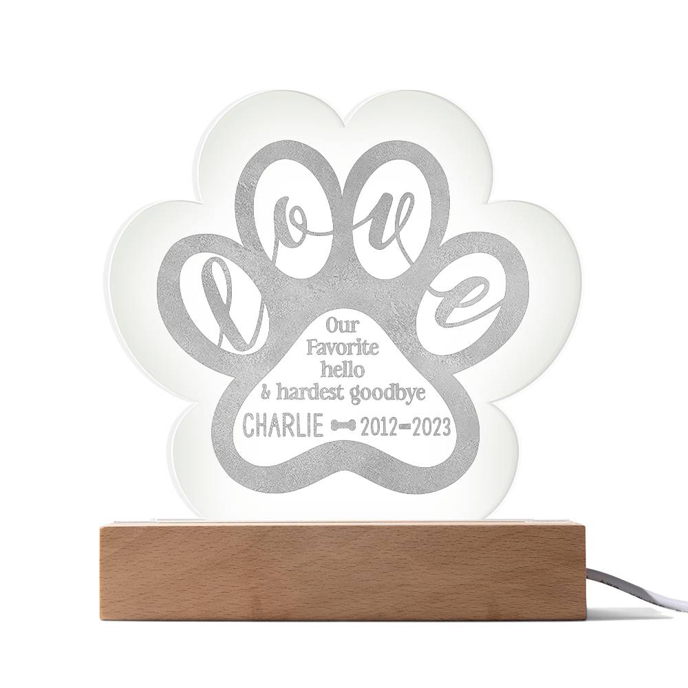 Charlie Love - Engraved Acrylic Paw with LED Base w/Cord