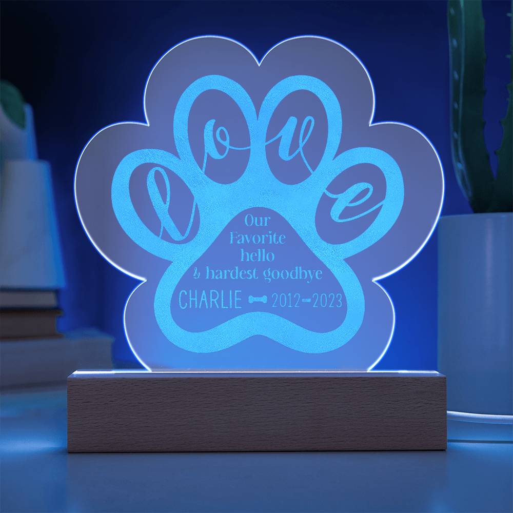 Charlie Love - Engraved Acrylic Paw with LED Base w/Cord