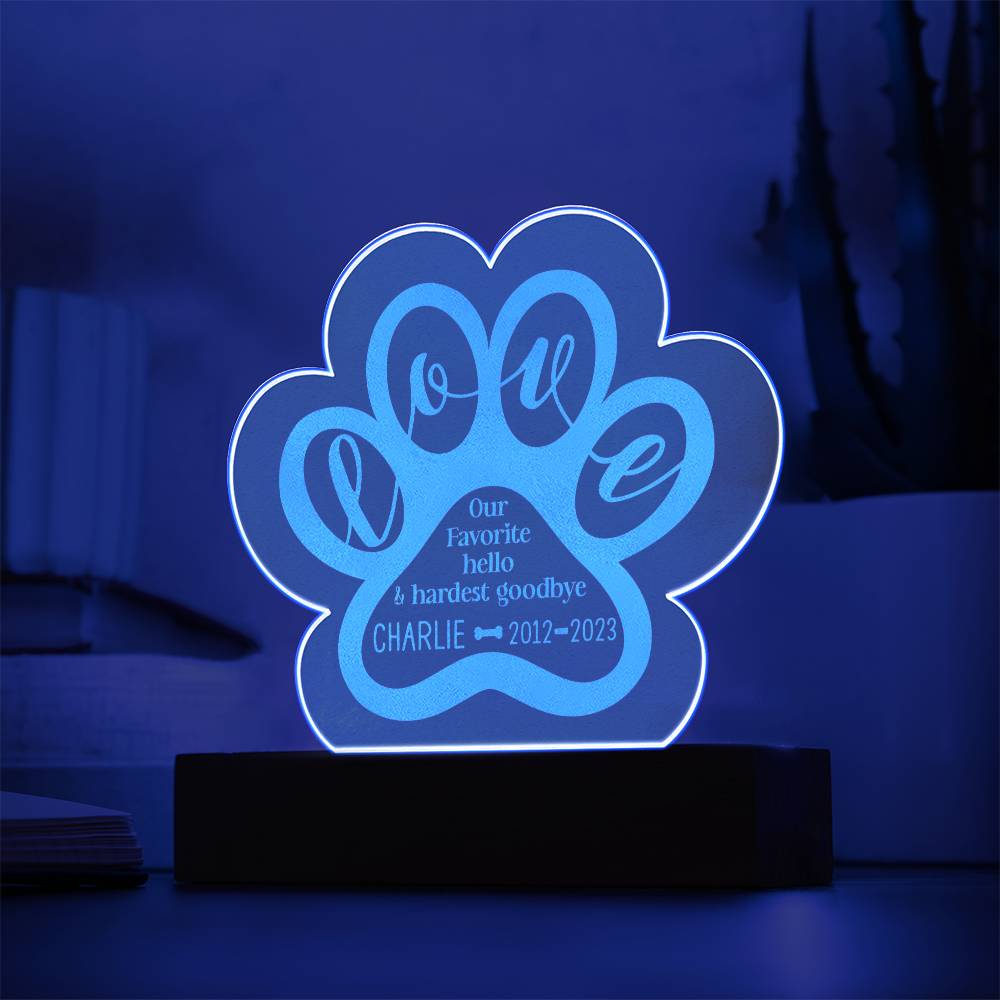 Charlie Love - Engraved Acrylic Paw with LED Base w/Cord