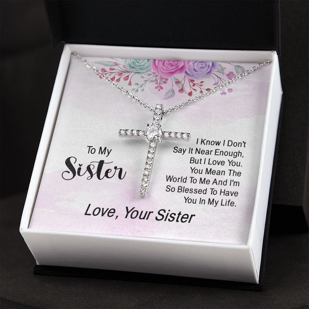 To My Sister | You Mean The World To Me - CZ Cross Necklace