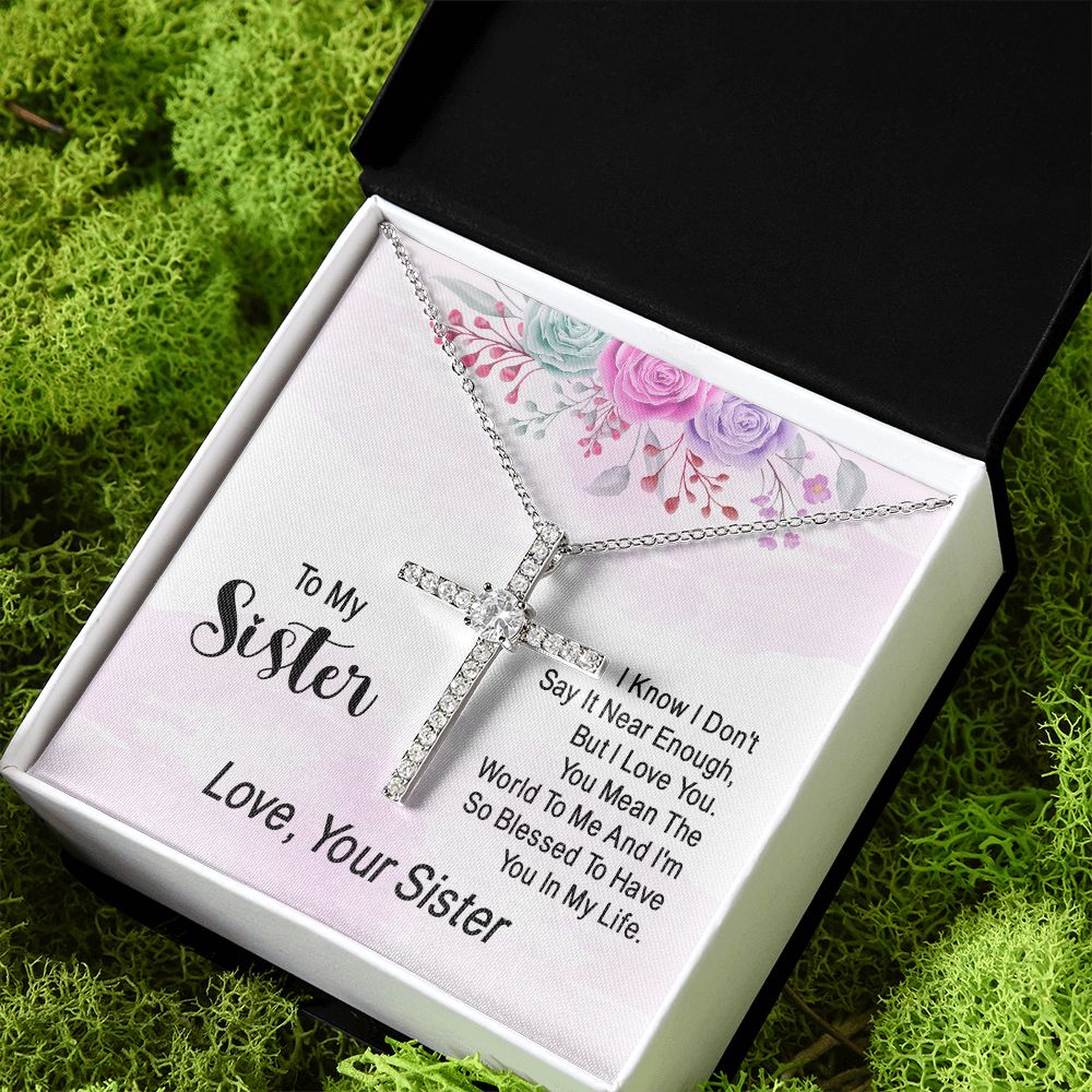To My Sister | You Mean The World To Me - CZ Cross Necklace