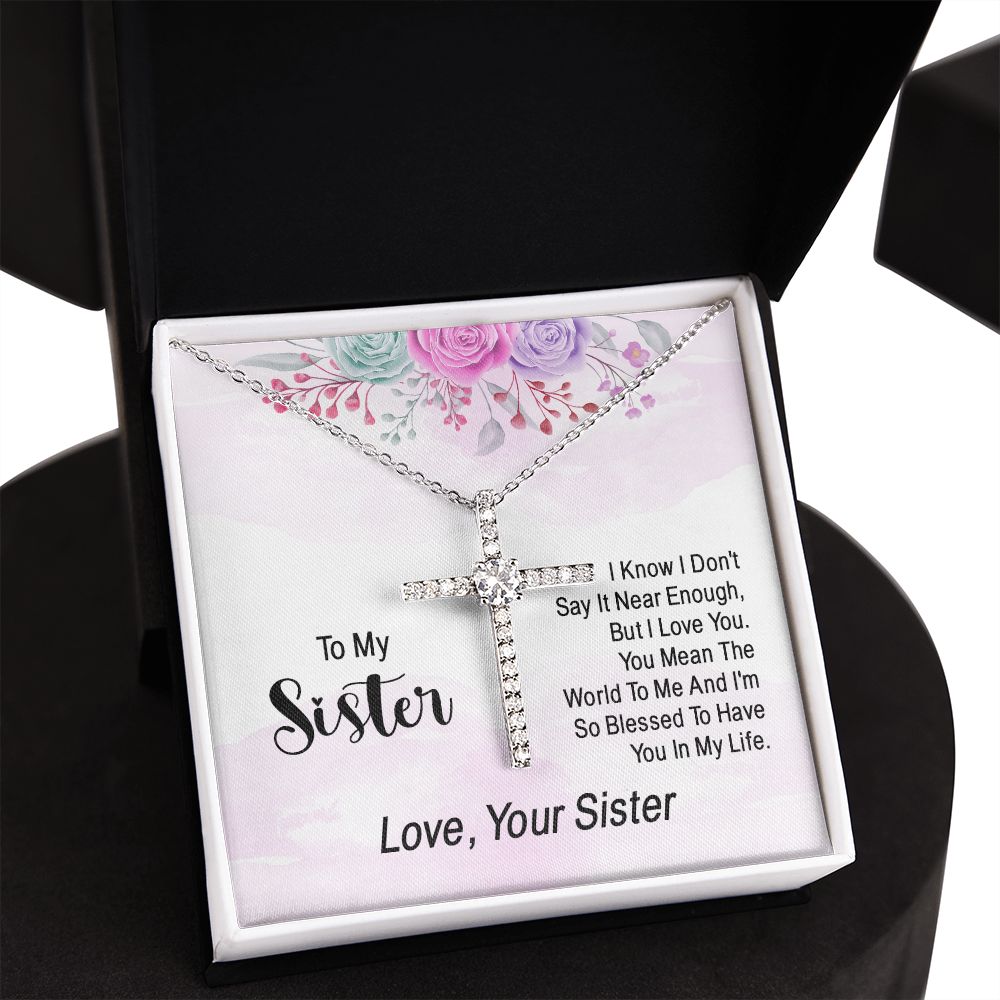 To My Sister | You Mean The World To Me - CZ Cross Necklace