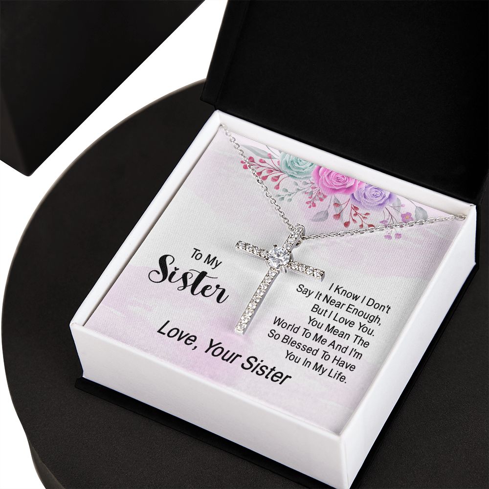 To My Sister | You Mean The World To Me - CZ Cross Necklace