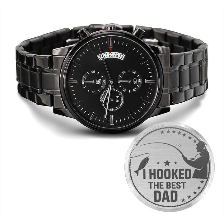 I Hooked The Best Dad - Engraved Design Black Chronograph Watch
