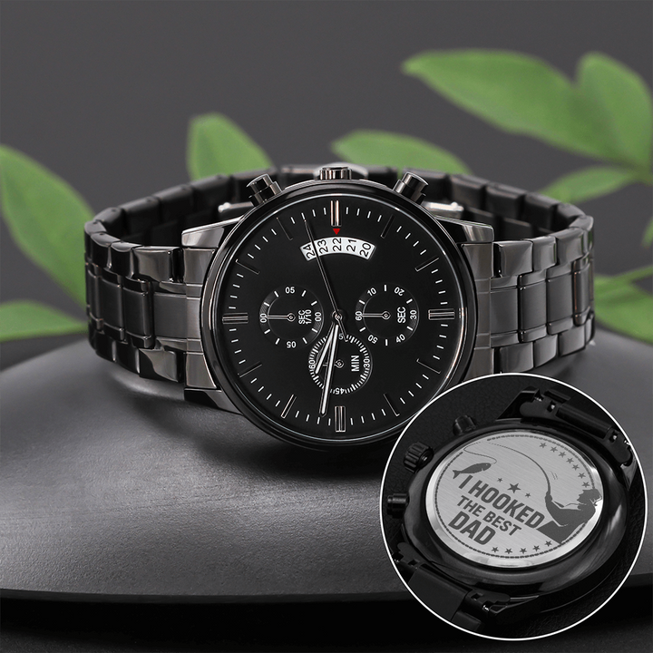 I Hooked The Best Dad - Engraved Design Black Chronograph Watch
