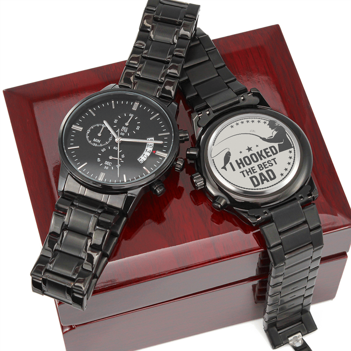 I Hooked The Best Dad - Engraved Design Black Chronograph Watch