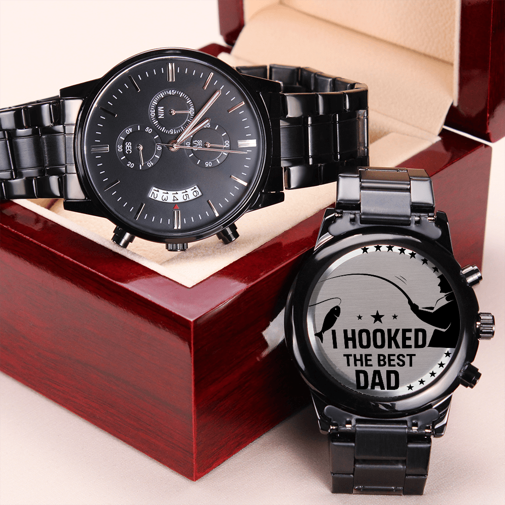 I Hooked The Best Dad - Engraved Design Black Chronograph Watch