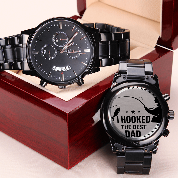 I Hooked The Best Dad - Engraved Design Black Chronograph Watch