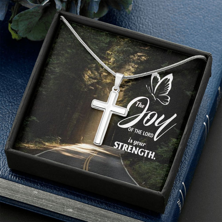 Joy of the Lord is your Strength - Stainless Cross Necklace with Ball Chain