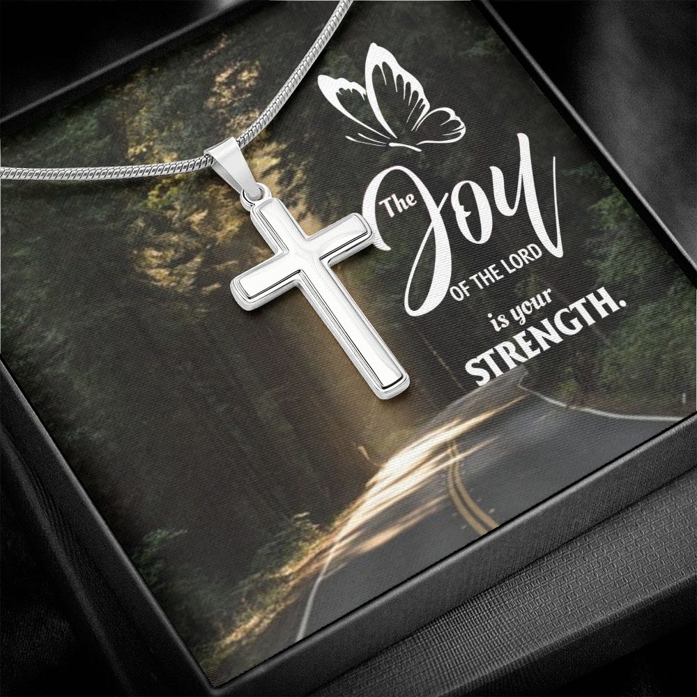 Joy of the Lord is your Strength - Stainless Cross Necklace with Ball Chain