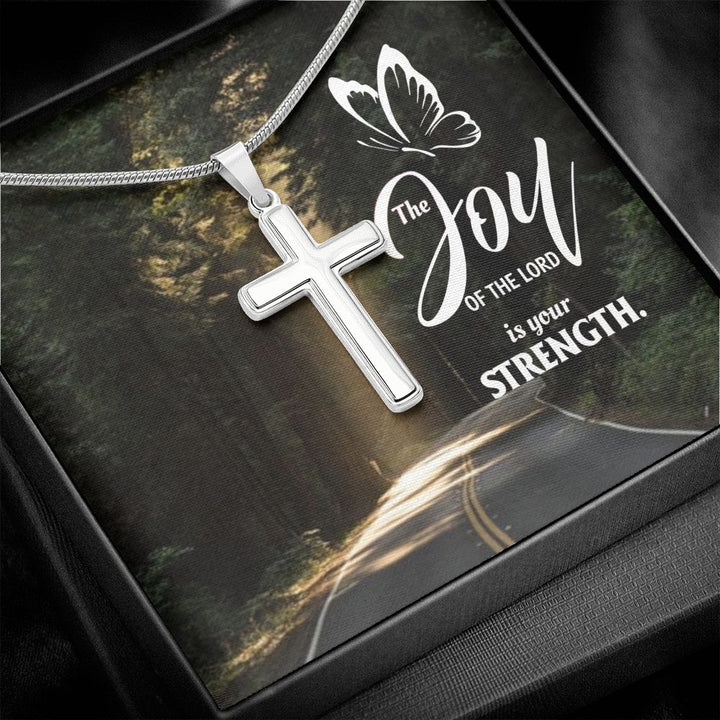 Joy of the Lord is your Strength - Stainless Cross Necklace with Ball Chain