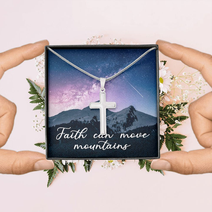Faith Can Move Mountains - Stainless Cross Necklace with Ball Chain