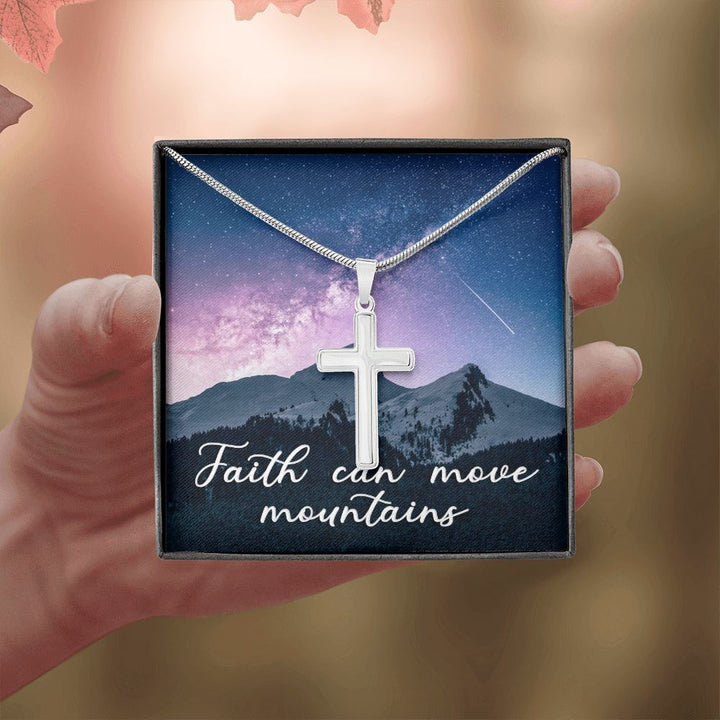 Faith Can Move Mountains - Stainless Cross Necklace with Ball Chain