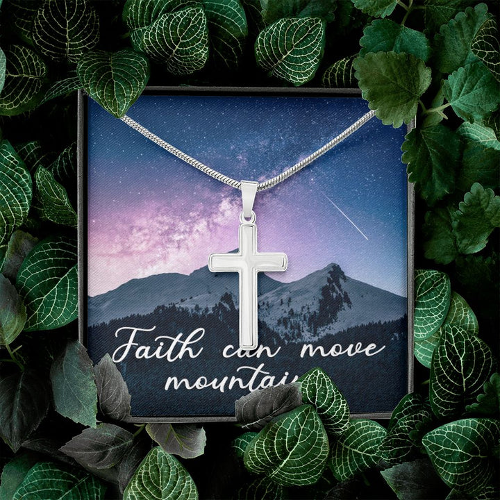 Faith Can Move Mountains - Stainless Cross Necklace with Ball Chain
