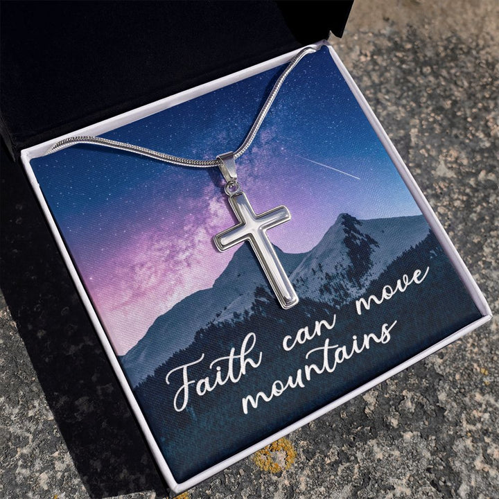 Faith Can Move Mountains - Stainless Cross Necklace with Ball Chain